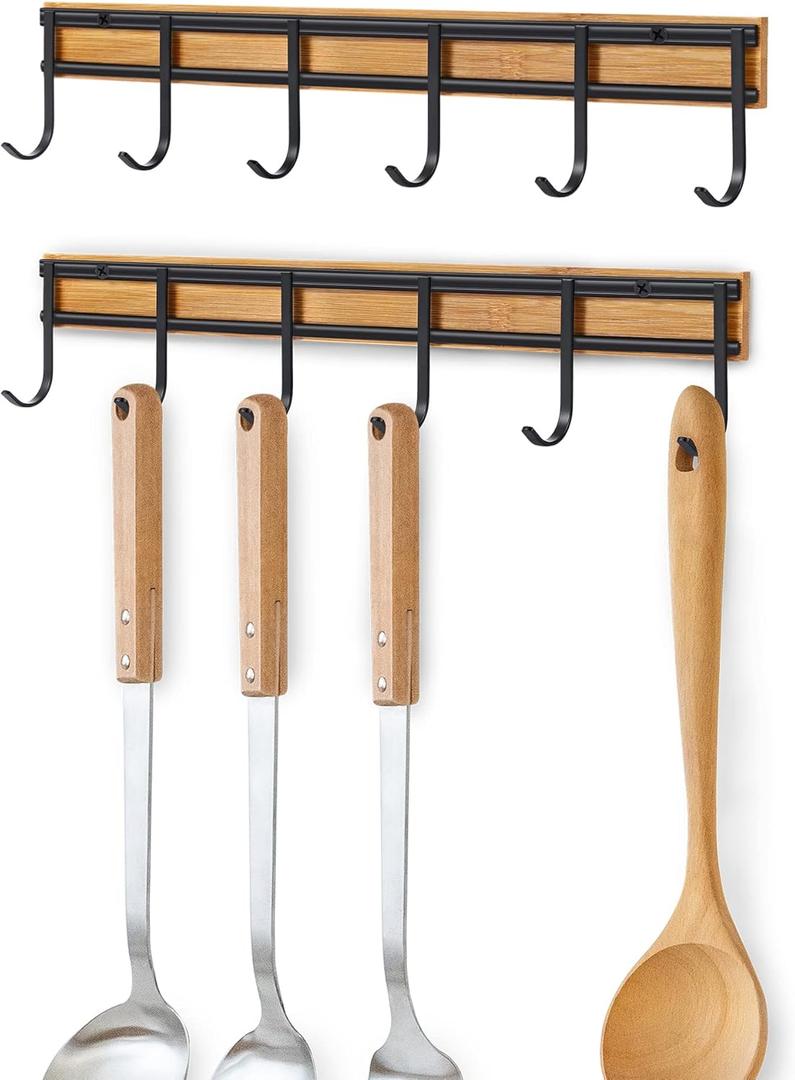ANGOSUFI Kitchen Utensil Hanger, Wall Mount Kitchen Utensil Holder Organizer Rack with 6 Hooks, 2 Set Kitchen Wall Hooks for Hanging Utensils, Heavy Duty Wall Shower Hook
