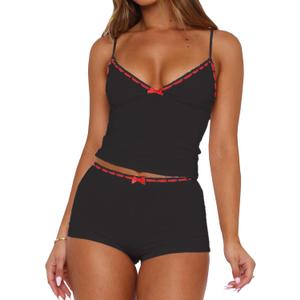 XBTCLXEBCO Sexy Pajama Sets for Women Fitted V Neck Cami Tank Top and Shorts Set Bow Front 2 Piece Sleeveless Pjs Sleepwear (Black, L)
