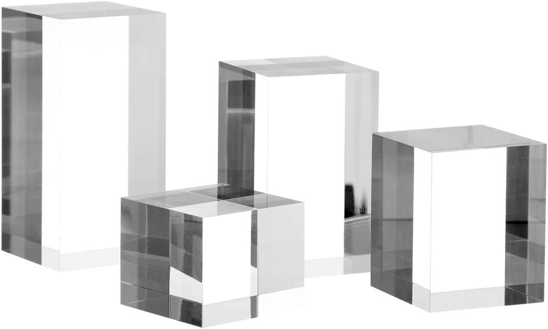 Clear Polished Acrylic Cube Cylinder Round Photo Props, Transparent Solid Acrylic Display Blocks for Photography Boutique Jewelry Cosmetic Crafts Closet Show, 4 Pcs (Transparent Cube)