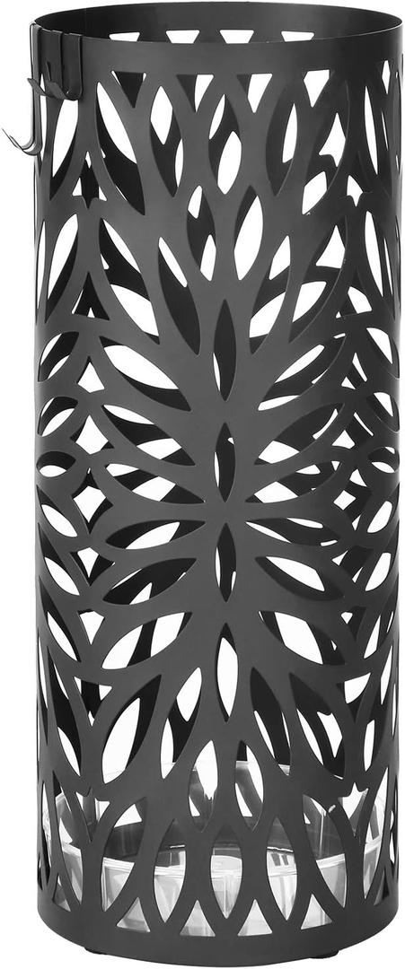 SONGMICS Umbrella Stand, Umbrella Holder for Entryway, Steel Round Umbrella Rack Freestanding, for Canes Walking Sticks, with a Detachable Drip Tray, 2 Long and 2 Short Hooks, Matte Black ULUC20B (7.7"D x 7.7"W x 19.3"H)