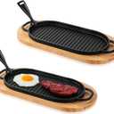2 Pcs Cast Iron Fajita Skillet Pan Set Sizzling Steak Plate with Wooden Base and Removable Handle Cast Iron Grill Frying Pan for Home Restaurant Kitchen Cooking (12 x 6.3 Inch)