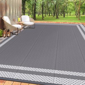 HappyTrends Outdoor Rug Reversible Portable Plastic Straw Camping Rugs for Outside RV, Large Waterproof Outdoor Area Rugs for Patio, Deck, Porch, Balcony(8'x 10', White & Gray)