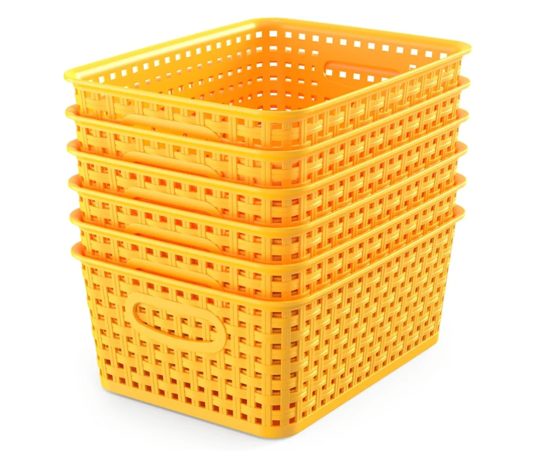 WYT 6-Pack Plastic Small Shelf Storage Weave Baskets Organizing for Cabinets and Pantries, Yellow