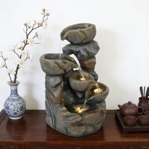 Outdoor Water Fountain with LED Lights, Resin Bowl Waterfall Fountain for Garden Decor Indoor Outdoor Use, 10.2"x6.9"x15.7" (Light Brown)