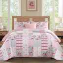 Patchwork Quilt Set King Size, Pink Floral Plaid Bedspread Coverlet Set Boho Rustic Quilt Bed Cover, 3 Piece Soft Microfiber Reversible Pink Grey Bedding Set for Women Girls