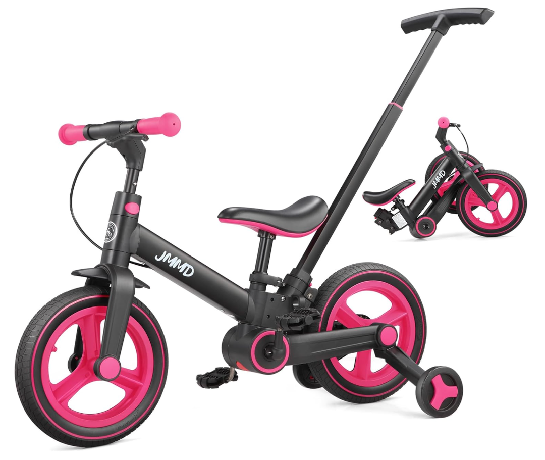 JMMD 6 in 1 Toddler Bike with Push Handle for Kids 18-60 Months, 12" Foldable Balance Bike with Training Wheels, Pedals, Brakes, Kickstand, Push Tricycle Toddler Gift & Toys for Boy & Girl