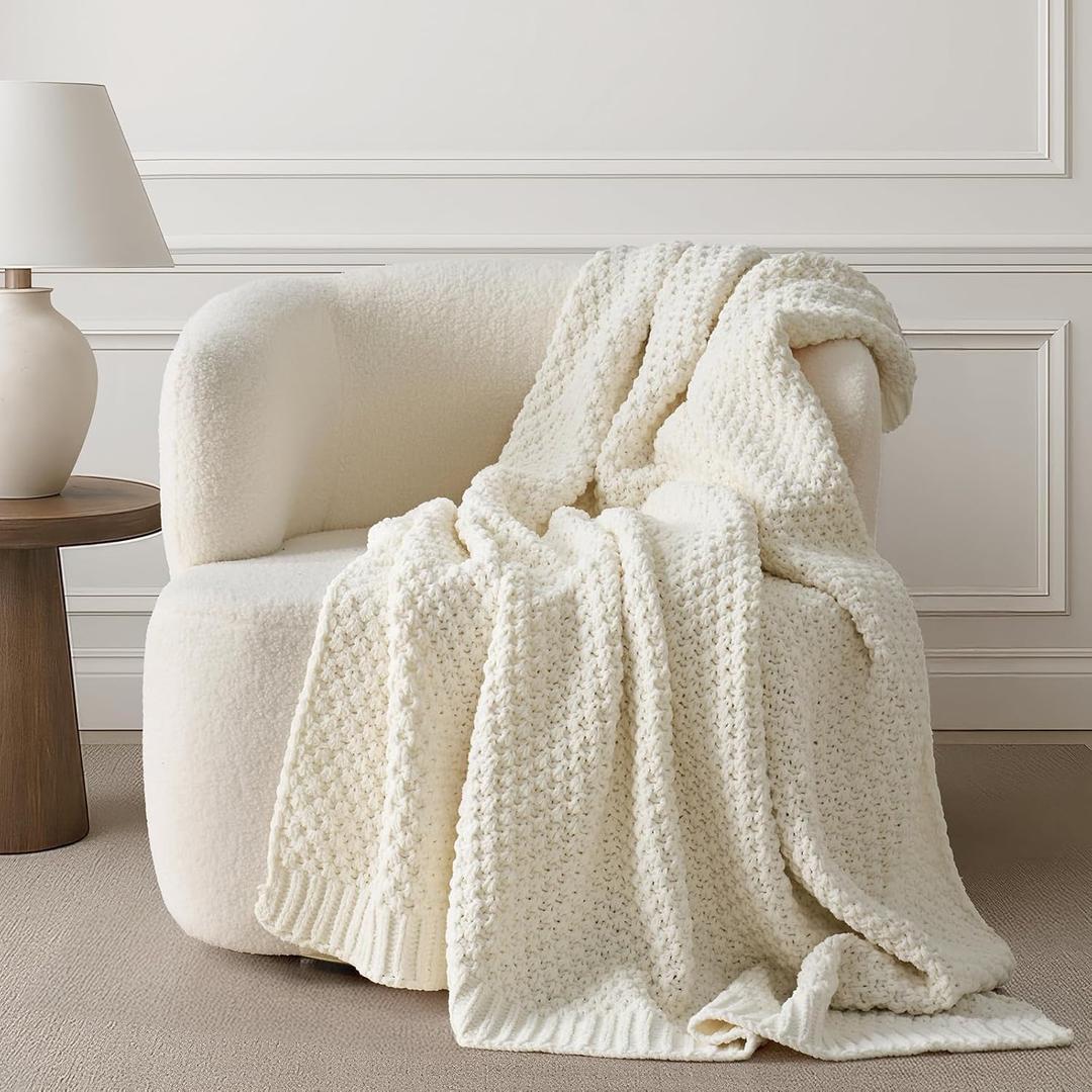EVERGRACEHOME Chunky Chenille Knit Throw Blanket for Couch, Soft Luxurious Moss Stitch Blankets for Bed, Cozy Decorative Farmhouse Knitted Throws for Sofa, Ivory White, 50" x 60"