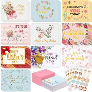 Yeaqee 100 Pack Mother's Day Cards with Envelopes and Stickers Floral Happy Mother's Day Greeting Cards Bulk for Mom, Grandma, Wife Heartfelt Messages for Birthday, Appreciation Gifts