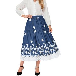 Women's Summer Elastic High Waist A-Line Vintage Embroidery Lace Tiered 2026 Casual Vacation Boho Midi Skirts (S)