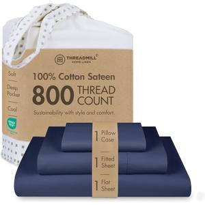 Threadmill Luxury 800 Thread Count 100% Cotton Sheets - Sateen Weave Twin XL Bed-Sheets, Better Than Egyptian Cotton,3 Pc Solid Soft Bedding Set (Folkstone Blue), Fits 15" Deep Pocket