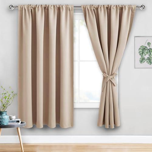 JIUZHEN Blackout Curtains for Bedroom - Thermal Insulated Room Darkening Noise Reducing, 60 x 63 Inch Length Curtains for Living Room, Set of 2 Panels with Tiebacks, Beige