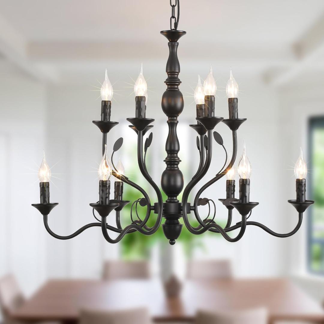 Ganeed Black Farmhouse Chandeliers for Dining Room, 12-Light Rustic Industrial Pendant Hanging Lighting Fixture, Modern Candle Chandelier for Kitchen Island Living Room Entryway