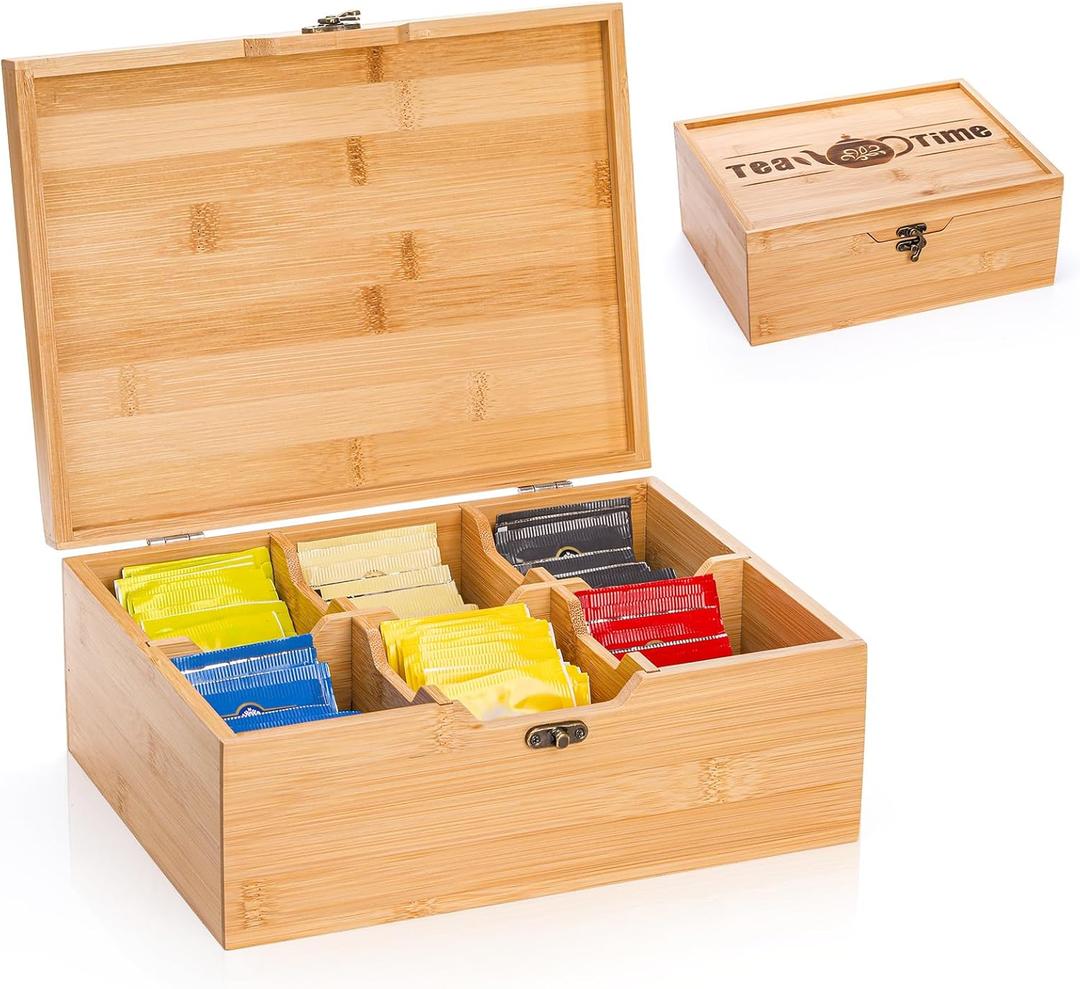 Lyellfe Tea Organizer Box, Bamboo Tea Bag Holder with Lid, Multi-purpose 6-Compartment Coffee Condiment Holder Storage Caddy for Home, Office, Caf