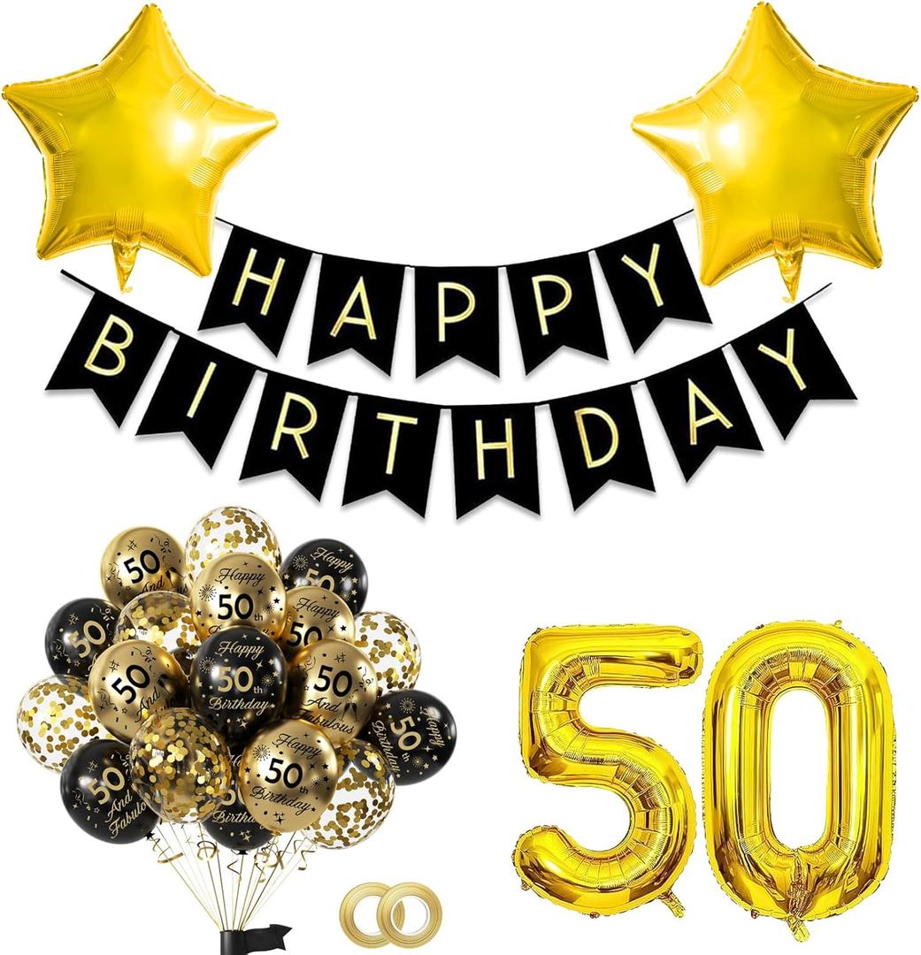 2 x 50th Black Gold Birthday Decorations for Men Womne,Black and Gold 50th Birthday Balloons,Happy Birthday Black Gold Banner Foil Number 50 Balloons Decorations Black Gold 50th Birthday Party