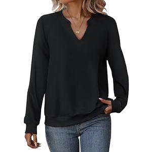 EADINVE Women Casual Long Sleeve V Neck Sweatshirts Cute Loose Fit Lightweight Pullover Tops
 (Small, Black)