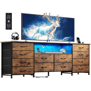 WLIVE 12 Drawer Dresser for Bedroom, Dresser TV Stand for 65, 70, 75 inch TV with Led Lights & Charging Station, Wide Chest of Drawers with Open Shelves, Fabric Dressers for Living Room, Rustic Brown (Rustic Brown Wood Grain Print)