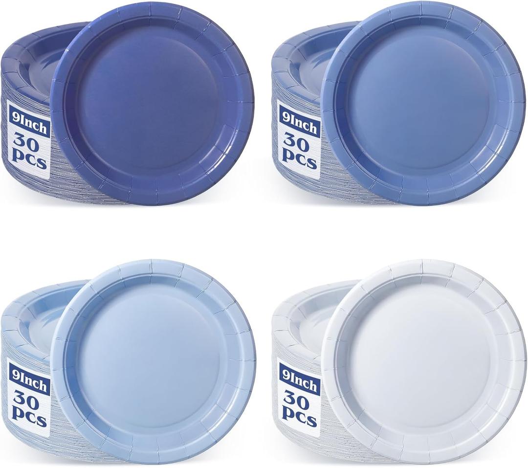 120 Pcs Dusty Blue Paper Plates,Boy Baby Shower Plate Set 9 inch Gradient Blue Birthday Cake Plates Dessert Plate for Birthday, Baby Shower, Tea Party