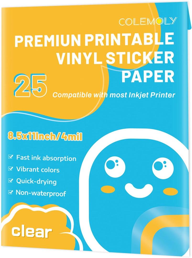 Colemoly Sticker Paper Clear Printable Vinyl for Inkjet Printer-25 Transparent Dry-Quick Sheets of 8.5x11 Decals and Labels Self-Adhesive Non-Waterproof Papers Tear Resistance Bright Color for DIY