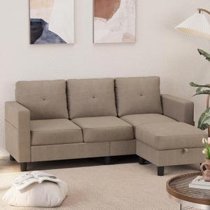 Shintenchi 76" Modern Upholstered Sectional Sofa, L-Shaped Couch with Storage Ottoman and Reversible Chaise for Living Room, Brown Linen Fabric