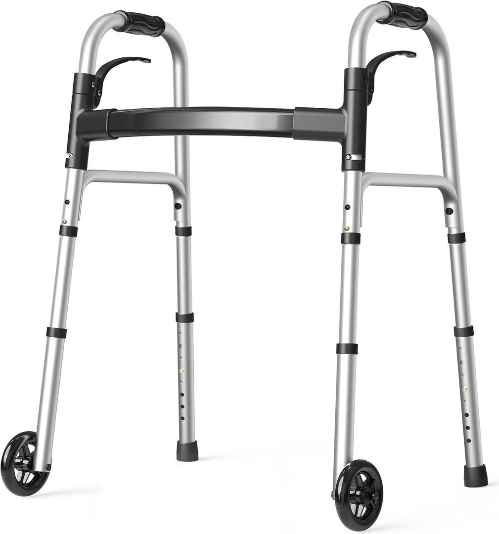 Folding Walkers for Seniors, 5" Wheels Lightweight Rolling Walker, Support Up to 350 lbs, Height Adjustable Standard Walker, Aluminum Compact Walker, Silver