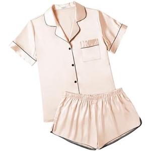 Ekouaer Womens Silk Satin Pajamas Short Sleeve Sleepwear Soft Button Down Loungewear 2 Piece PJS Shorts Set, Size S