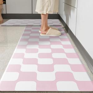 Pink Retro Curvy Checkered Grid Checkerboard Kitchen Rug Sets [2 PCs], Anti-Fatigue, Waterproof Non-Slip Kitchen Mats Heavy Duty Comfort Foam Rug for Floor, Home, Laundry,17"x29"+17"x47"