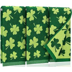 AEUEFUEA 3 Pack Green Shamrock Cotton Towels Set, 25" L x 16" W Hand Towels for Kitchen and Bathroom, Soft Absorbent Holiday Home Dcor