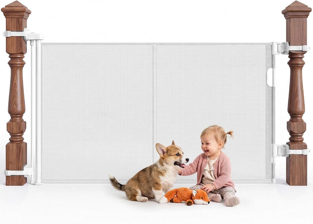 Reinforced Retractable Baby Gate for Stairs & Banister, 55" Wide Mesh Dog Gate, One-Handed Dual Lock Safety Gate for Kids & Pets, Fits Round & Square Posts (White)