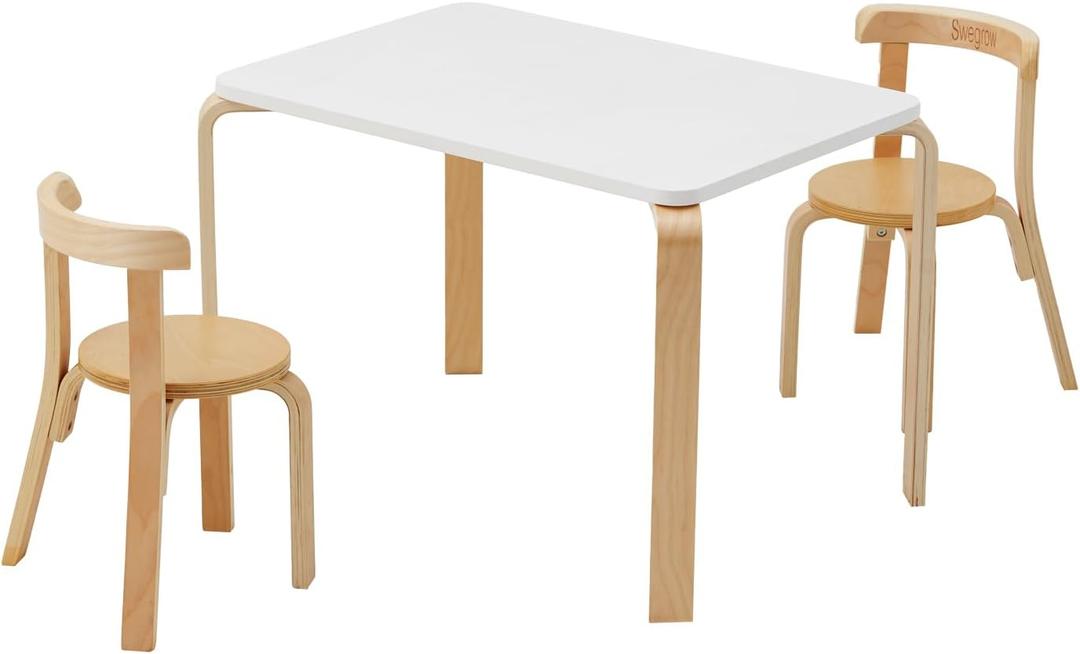 Swegrow Kids Table and 2 Chairs Set, Wooden Table and Chairs for Kids & ToddlerKid Wooden Furniture for Playroom/Home/Kindergarten, Rectangle-3 Pack