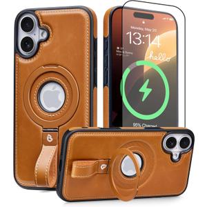 Magnetic Ring Grip Holder for iPhone 16 Case Leather | iPhone 16 Leather Case with Stand | Compatible with MagSafe (Brown, IP 16-6.1inch)