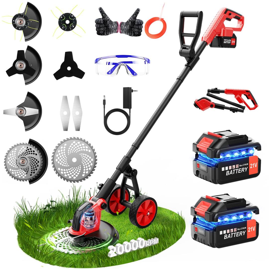 20000 RPM Electric Weed Wacker with Wheel,12 Brushless Cordless Weed Eater Battery Powered, 4-in-1 Brush Cutter/String Trimmer/Grass Trimmer/Lawn Mower,Edger Stringless Weed Trimmer,5 Blade,2 Battery