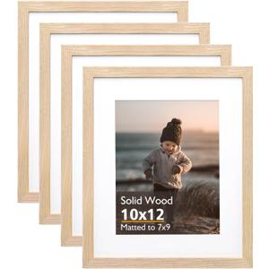 KINLINK 10x12 Picture Frame Natural, Solid Wood Frames with Acrylic Plexiglass for Pictures 7x9 with Mat or 10x12 without Mat, Tabletop and Wall Display Photo Frame, Set of 4