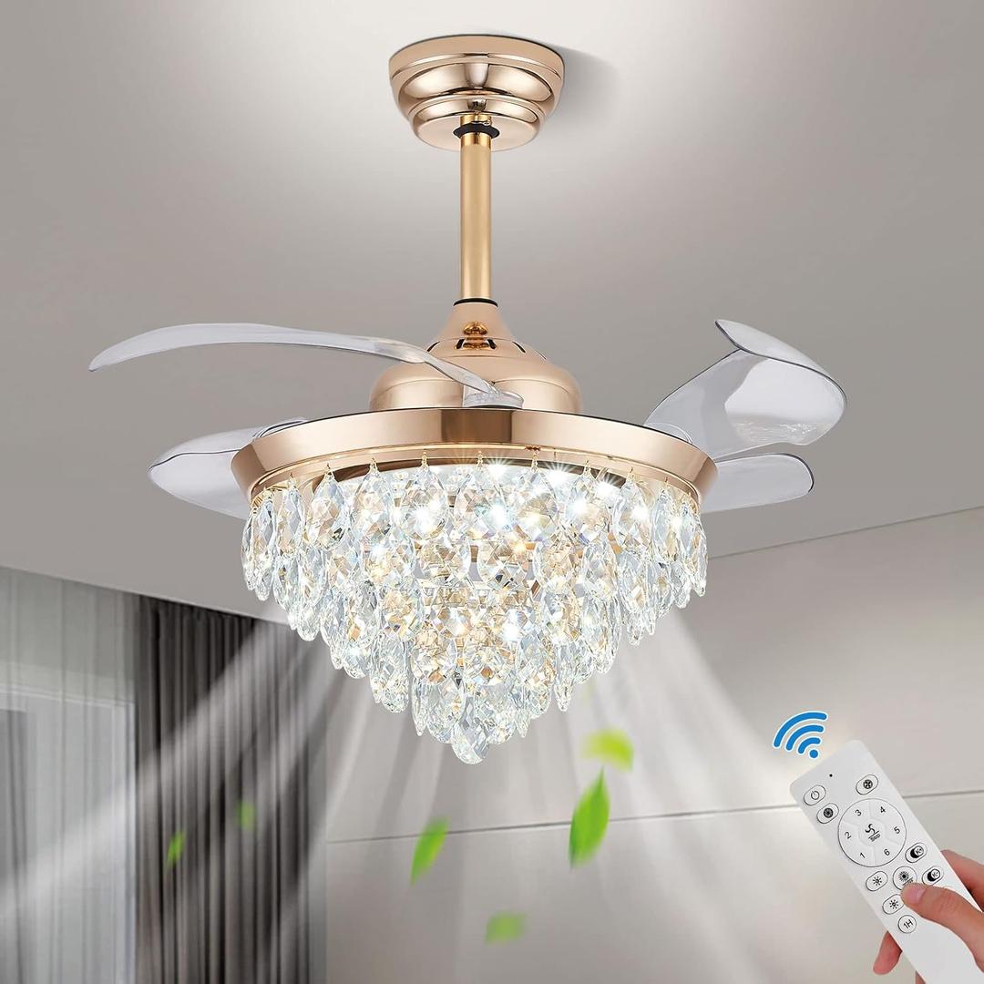 36" Modern Crystal Chandelier Ceiling Fan with Lights and Remote Dimmable LED Invisible Fandelier with Memory Function Flush Mount Crystal Fandeliers for Dining Room Bedroom,Gold