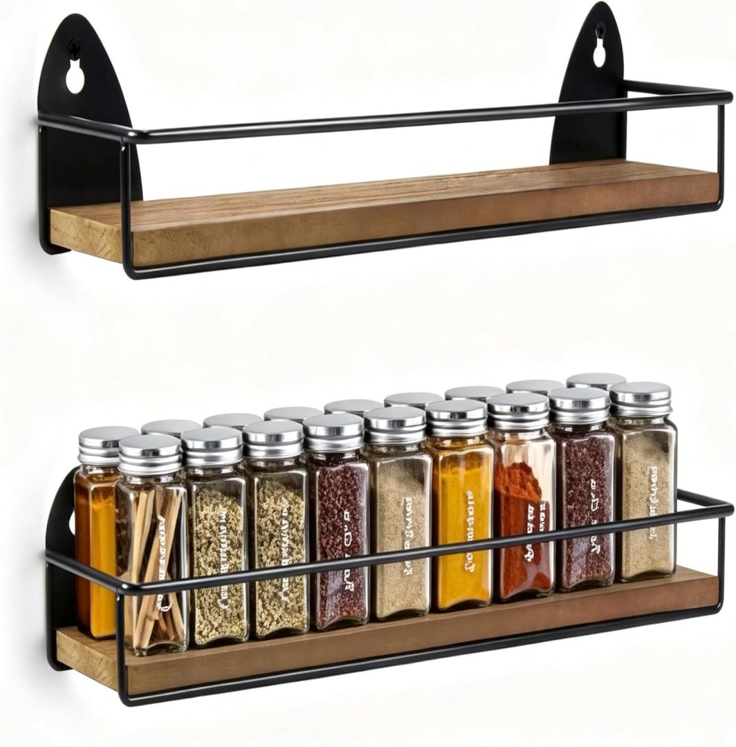 TJ.MOREE 2 Pack Spice Rack Wall Mount Rustic Style Hanging Spice Organizer for Wall, Kitchen Spice Storage