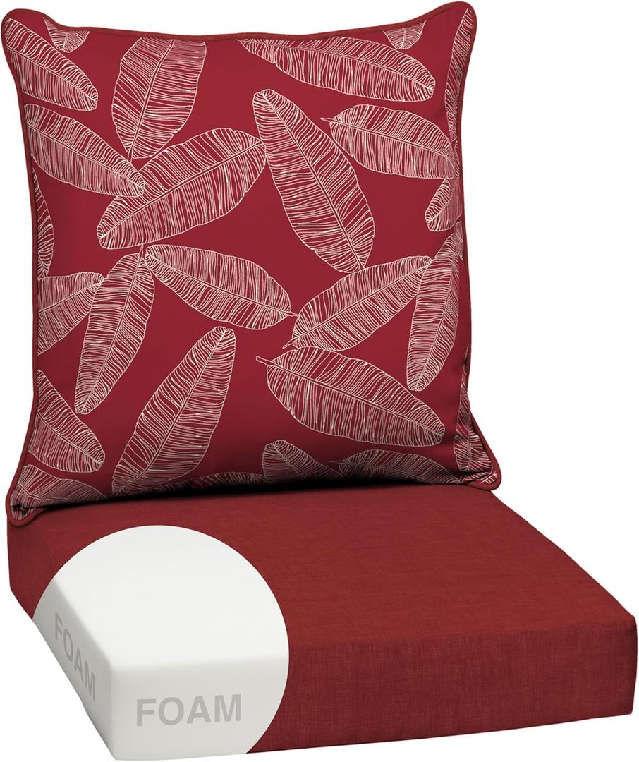 Arden Outdoor Deep Seat Cushion Set, Foam, 24x24, Red Leaf Palm | Sofa, Couch, Conversation Set, Premium High-Density Foam, Never Flattens, Mold and Mildew Resistant