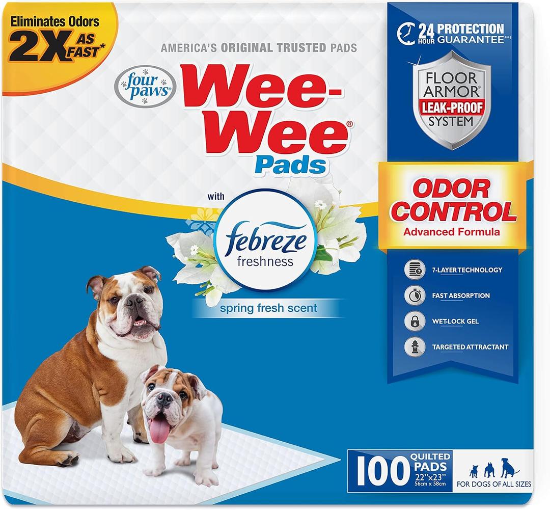 Four Paws Wee-Wee Odor Control with Febreze Freshness Pee Pads for Dogs & Puppies, Leak-Proof Dog Housebreaking Potty Training Floor Protection, Spring Fresh Scent, 22" x 23", 150 Count