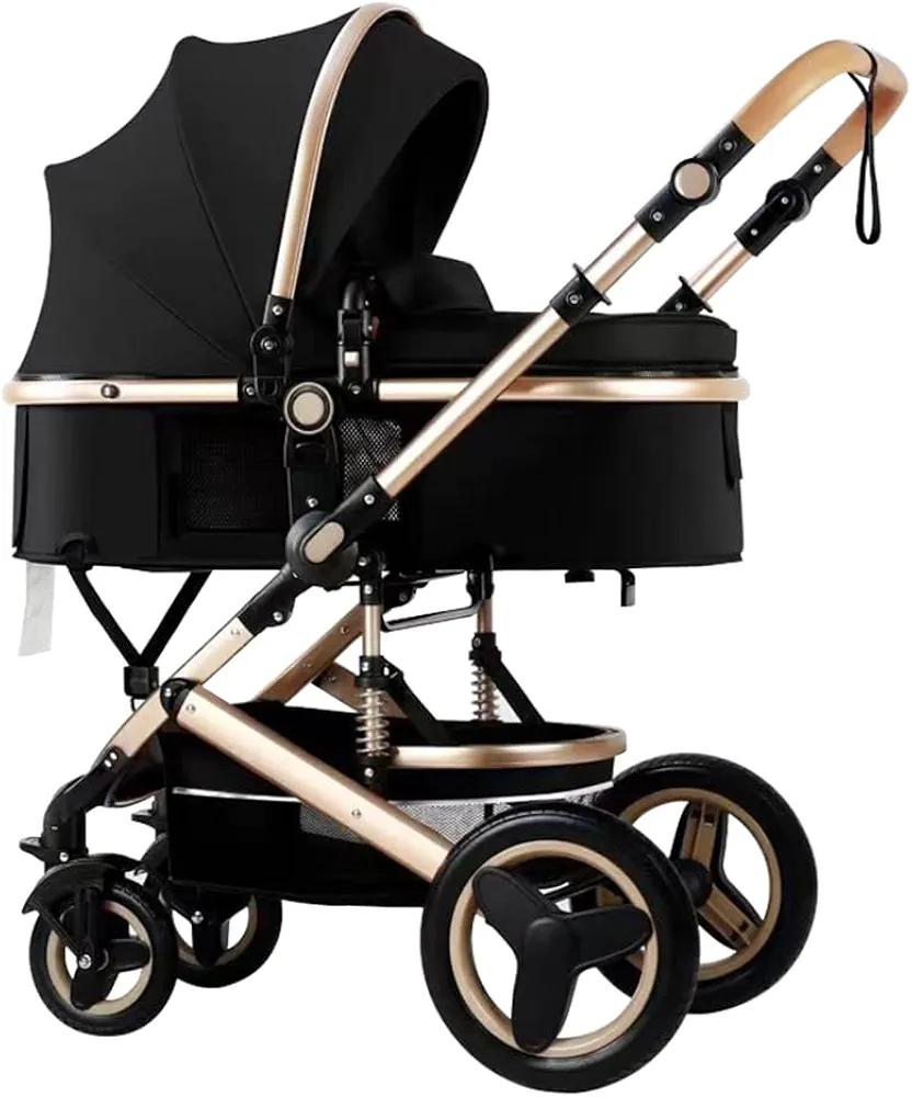 2 in 1 Convertible Baby Stroller with Bassinet Mode Foldable Infant Stroller Newborn Stroller with Reversible Seat Travel Pram Baby Carriage with Big Rubber Wheels (Black)