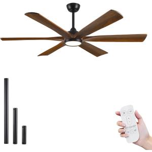 60 Inch Modern Ceiling Fan with Lights and Remote, Wood Outdoor Ceiling Fan for Patios, 6-Speed Reversible DC Motor, Large Airflow Rustic Farmhouse Ceiling Fan for Indoor/Outdoor, 3CCT Dimmable (Walnut)
