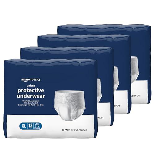 Amazon Basics Unisex Protective Underwear, Overnight Absorbency with Odor Protection, Soft, Extra Large, 48 Count (3 Packs of 12)