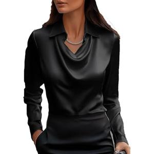 Women's Elegant Solid Satin Cowl Neck Blouse Long Sleeves Casual Business Dressy Shirts Office Work Ladies Top (Black, M)