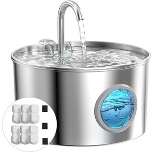 Cat Water Fountain Stainless Steel: Cat Fountain for Drinking with 6 Filters + 3 Sponges - 74oz/2.2L Pet Water Fountain for Cats Inside - Quiet Cats Water Bowl Dispenser - Kitten Drinking Fountains