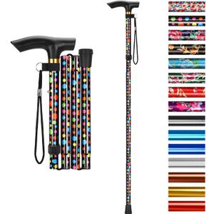 supregear Folding Cane, 5-Level Adjustable Height Walking Stick Lightweight Collapsible Portable Travel Cane with Wrist Strap and T Handle for Elderly Disabled Men Women (Black Polka Dots)
