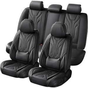 Car Seat Covers Full Set, Universal Fit Faux Leather Cushion Protector, Waterproof Non-Slip Automotive Interior Accessories for Sedans, SUVs, Trucks(Black Full Set)