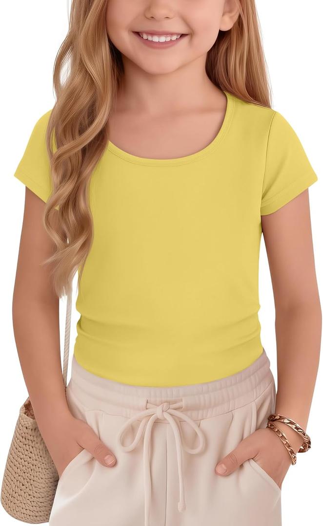 Oakgarden Girl's T-Shirts Summer Tops Teen Cap Sleeve Shirts Kids Scoop Neck Fitted Cute Casual Basic Tees (9-10 Years, Yellow)