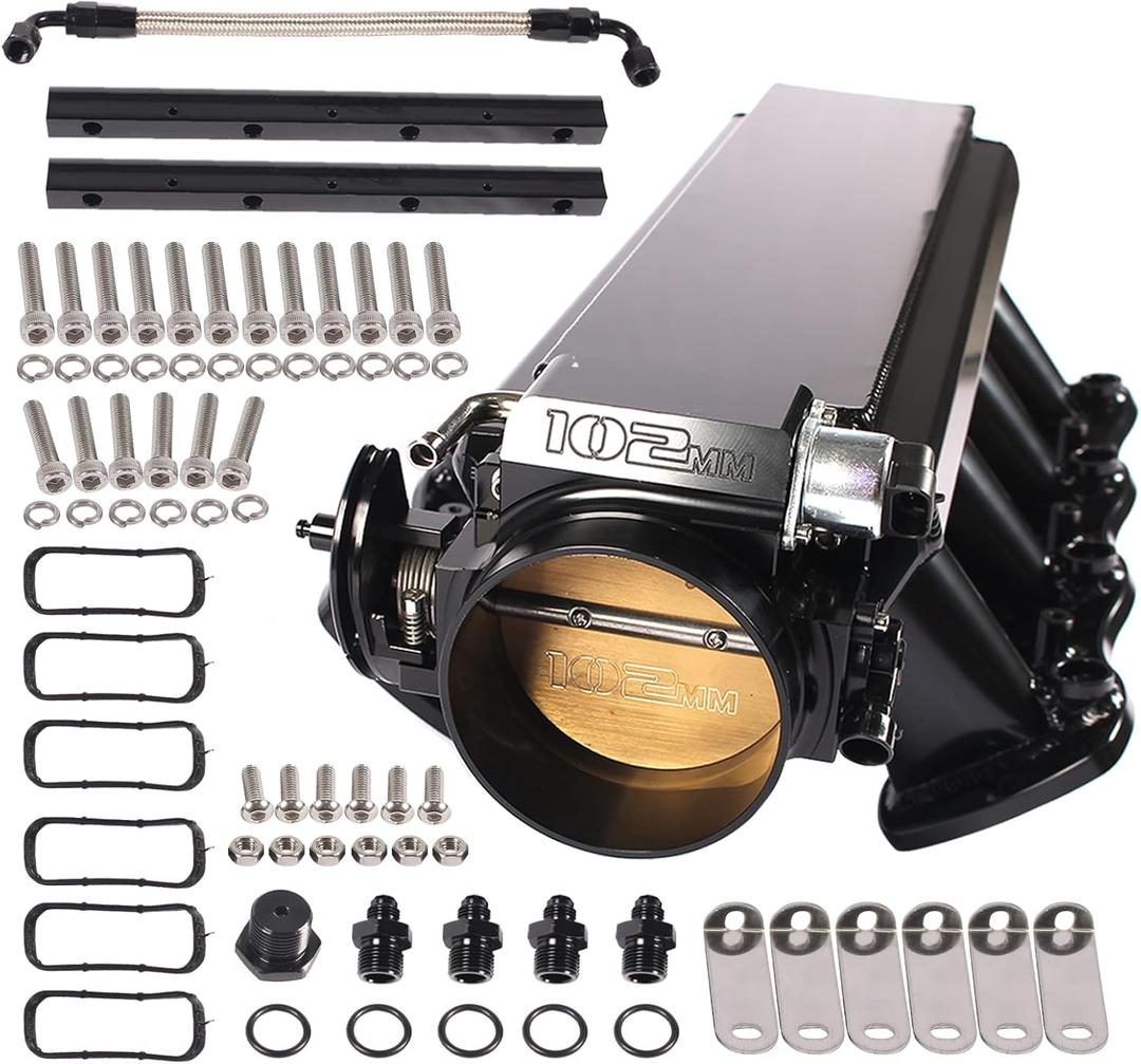 YESHMA LS Intake Manifold with 102mm Throttle Body Throttle Position Sensors TPS IAC and Fuel Rails Compatible with Chevy 4.8 5.3 6.0 6.2 LS LS1 LS2 LS6 Sheet Metal Al Fabricated Black