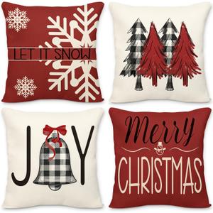 Geefuun Red Christmas Pillow Covers Decorations Indoor Home Decor 18 x 18 Set of 4 - Xmas/Holiday/Winter Bedroom Decorative Pillowcase for Couch, BedNo Fillers