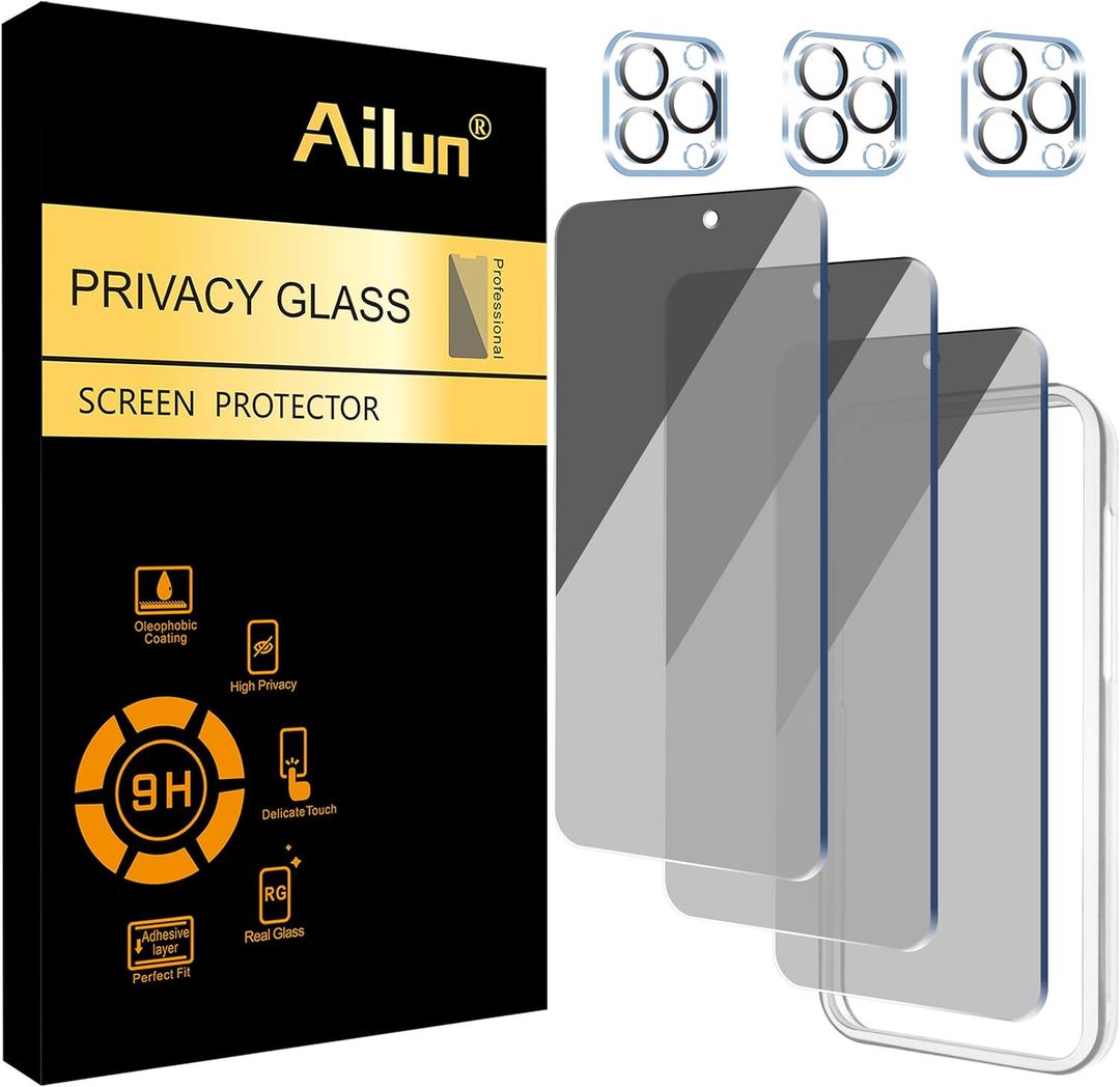 Ailun 3Pack Privacy Screen Protector for iPhone 15 Pro Max [6.7 inch]+3Pack Camera Lens Protector with Installation Frame,Dynamic Island Compatible,Anti Spy Tempered Glass[9H Hardness]-HD | Sensor Protection, Anti Spy, Tempered Glass, [9H Hardness]