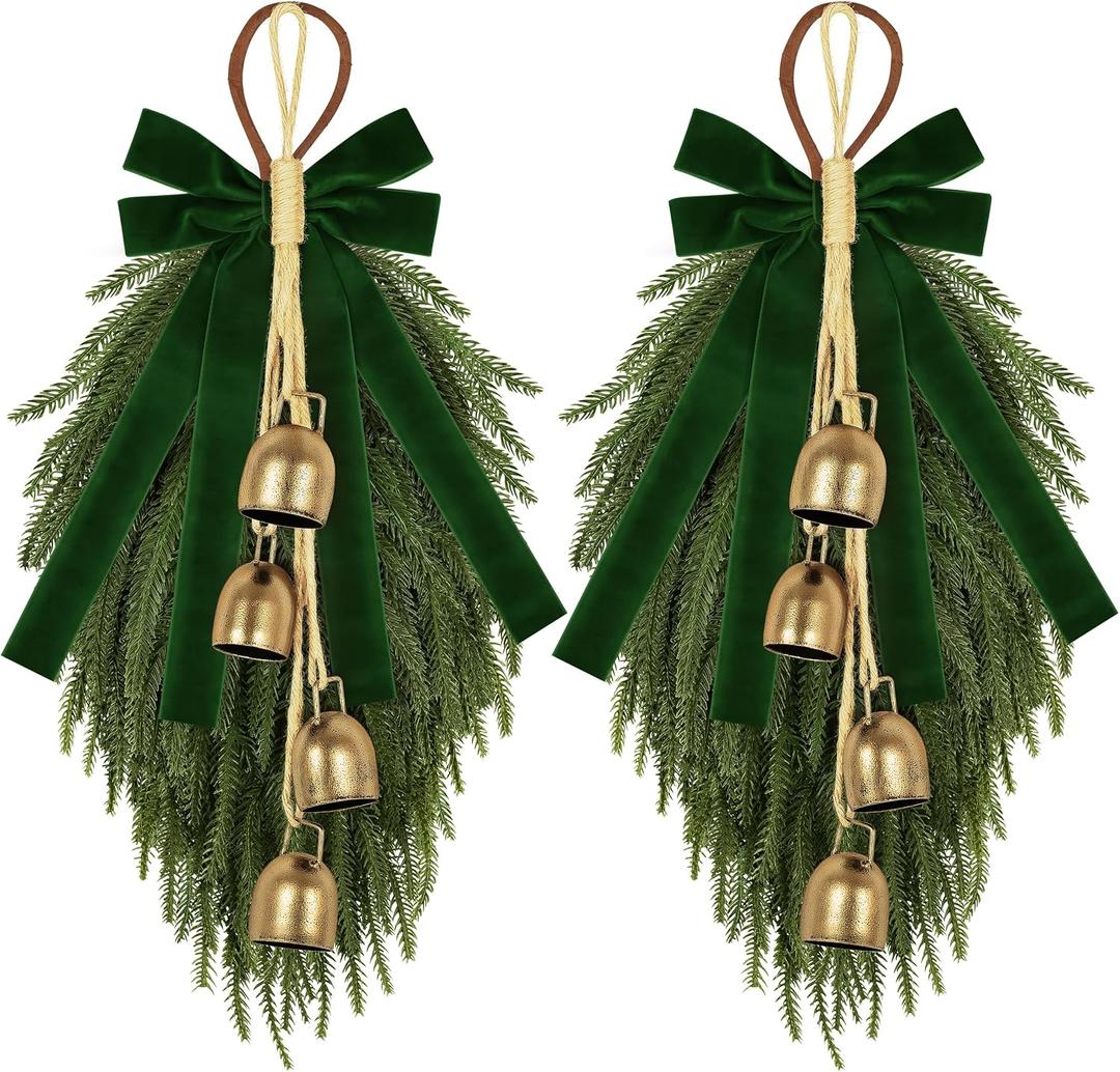 2 Pack 20" Christmas Teardrop Swag with Green Bow Norfolk Pine Door Decor