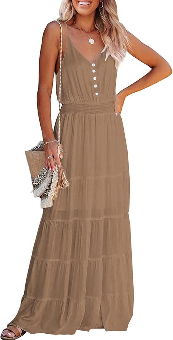PRETTYGARDEN Women's Casual Summer Dress Spaghetti Strap Sleeveless High Waist Beach Long Maxi Sun Dresses (Dark Apricot, Small)