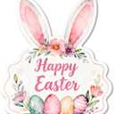 Easter Wreath for Front Door, Happy Easter Bunny Decor - Wooden Welcome Sign with Rabbit Shaped Design, Spring Wall Hanging for Indoor Outdoor Home Door Wall Fireplace Decorations (12x10in)